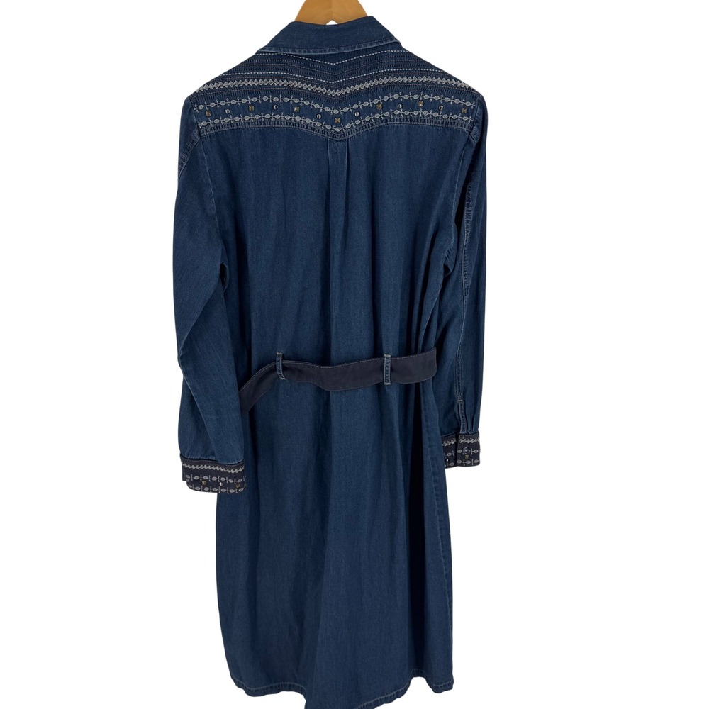 Desigual Denim Shirt Dress Embroidered Studded Belted Midi Western Size 44 Artsy - Picture 2 of 10